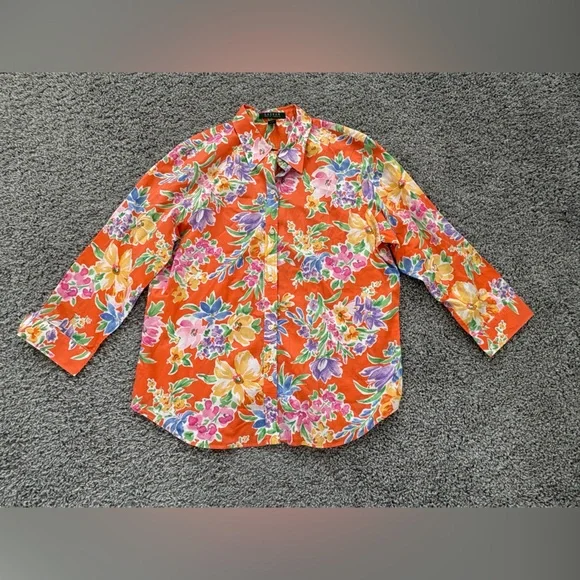 Ralph Lauren Orange tropical Floral 3/4 sleeve bottom up Shirt - Picture 3 of 7